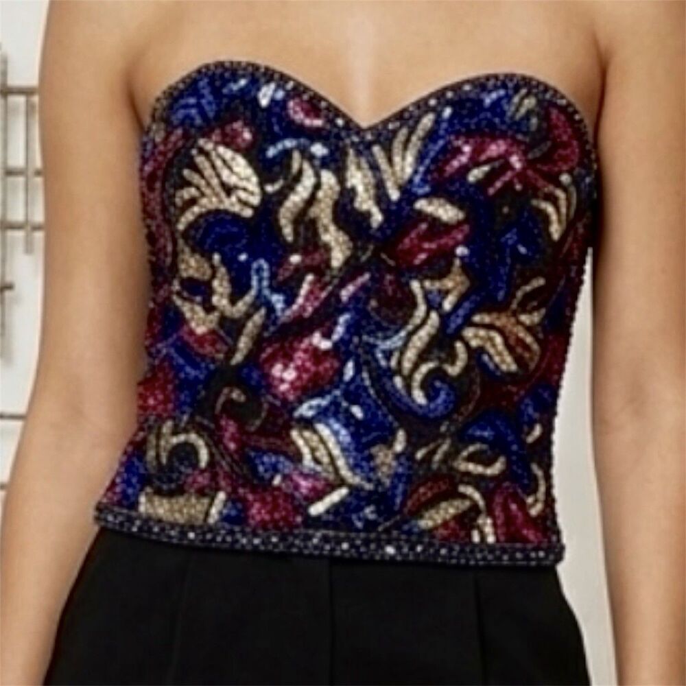 Oleg Cassini Silk Beaded Corset Top Sz L Fairy Whimsigoth Renaissance Romance